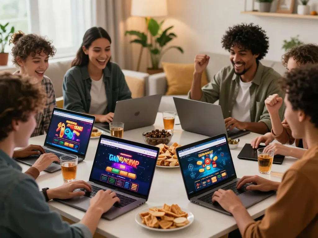 Friends enjoying gaming at home with non GamStop casinos on laptops.