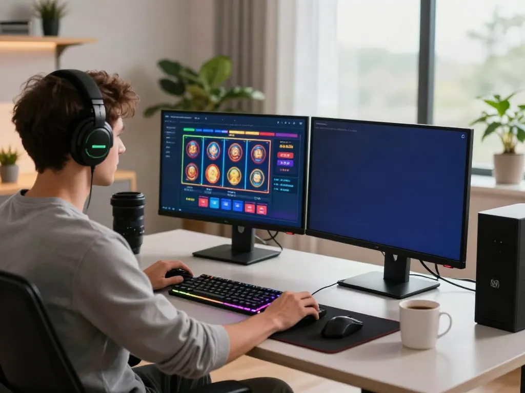 Engaged gamer exploring non GamStop casinos in a vibrant home office setup.