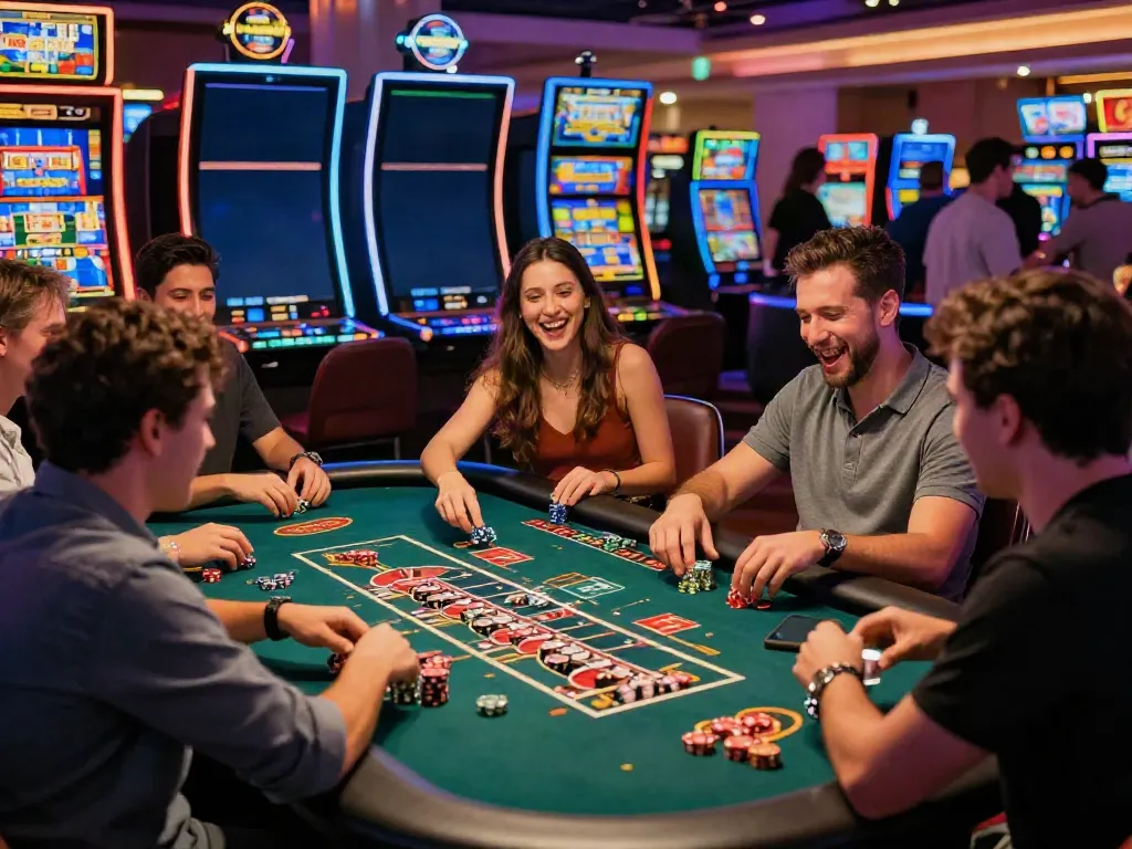 Group of friends excitedly playing at non GamStop casinos, roulette and slot machines in vibrant atmosphere.