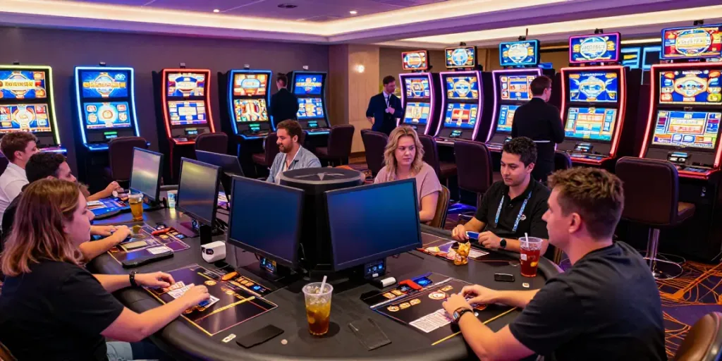 Players enjoying non GamStop casinos in a lively gaming room with colorful slot machines.