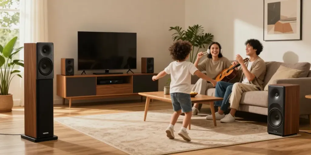 Vision Speaker Price showcased in a cozy living room with family enjoying sound systems.