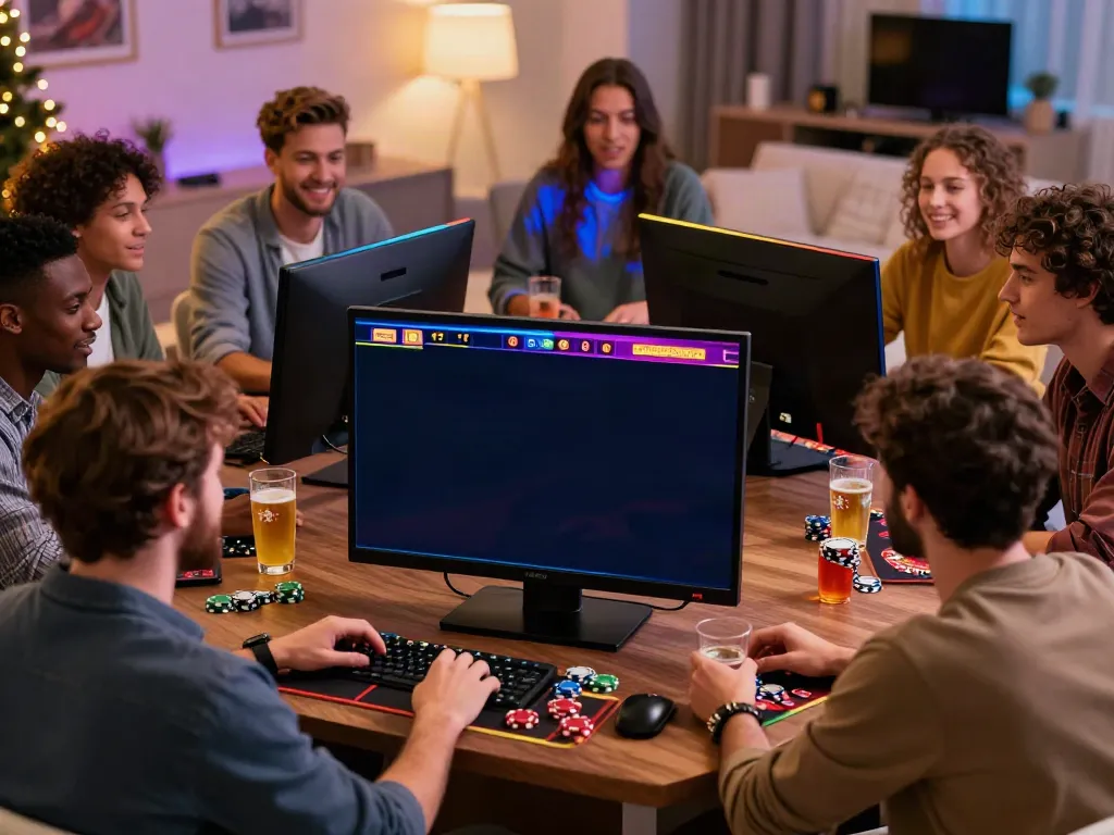 Friends enjoying non GamStop casinos gaming night with colorful screens and drinks