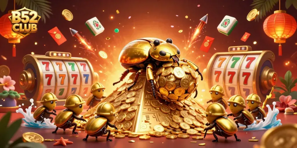 B52CLUB showcases an epic scene of a golden beetle rolling coins amidst vibrant casino elements.