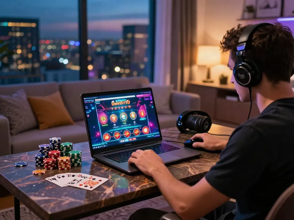 Exciting home gaming setup featuring non GamStop casinos with vibrant laptop screen, chips, and urban night view.