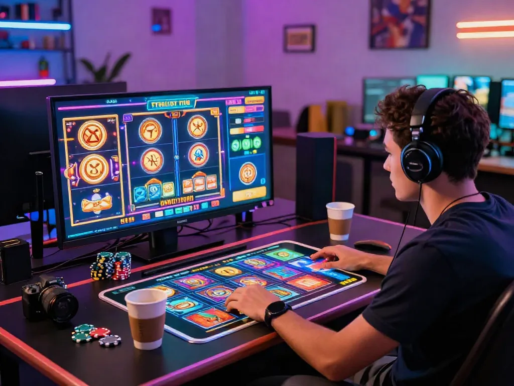 Engaging scene of a player at non gamstop casinos with colorful games and high-tech setup.