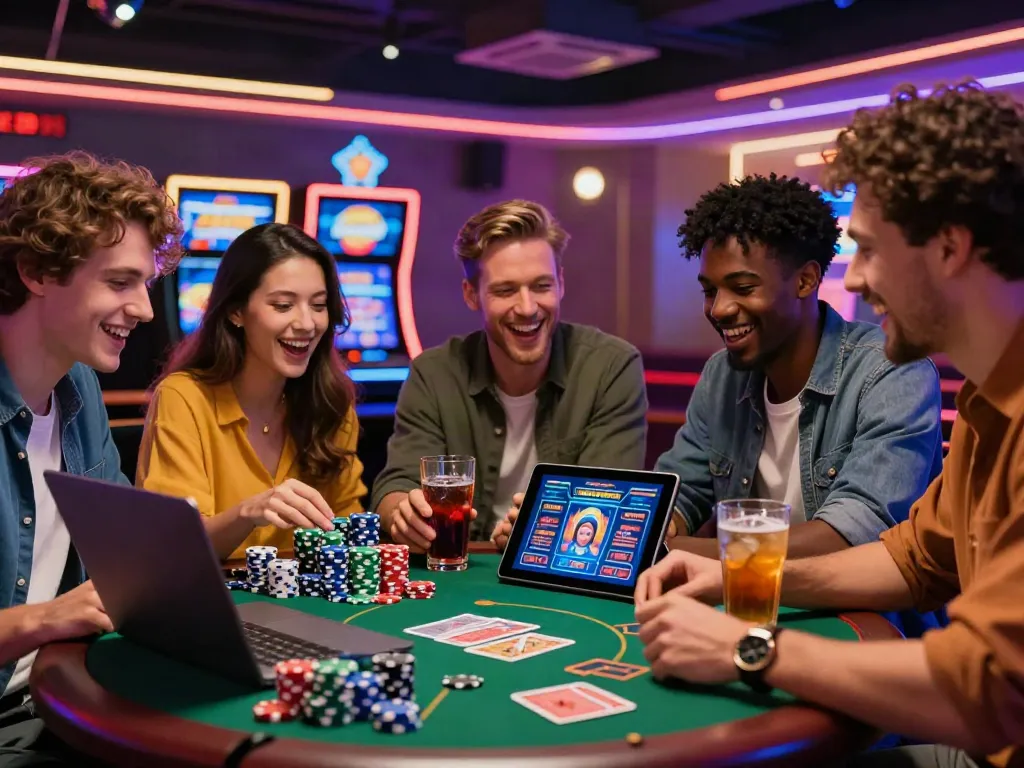 Group enjoying games at non gamstop casinos in colorful atmosphere