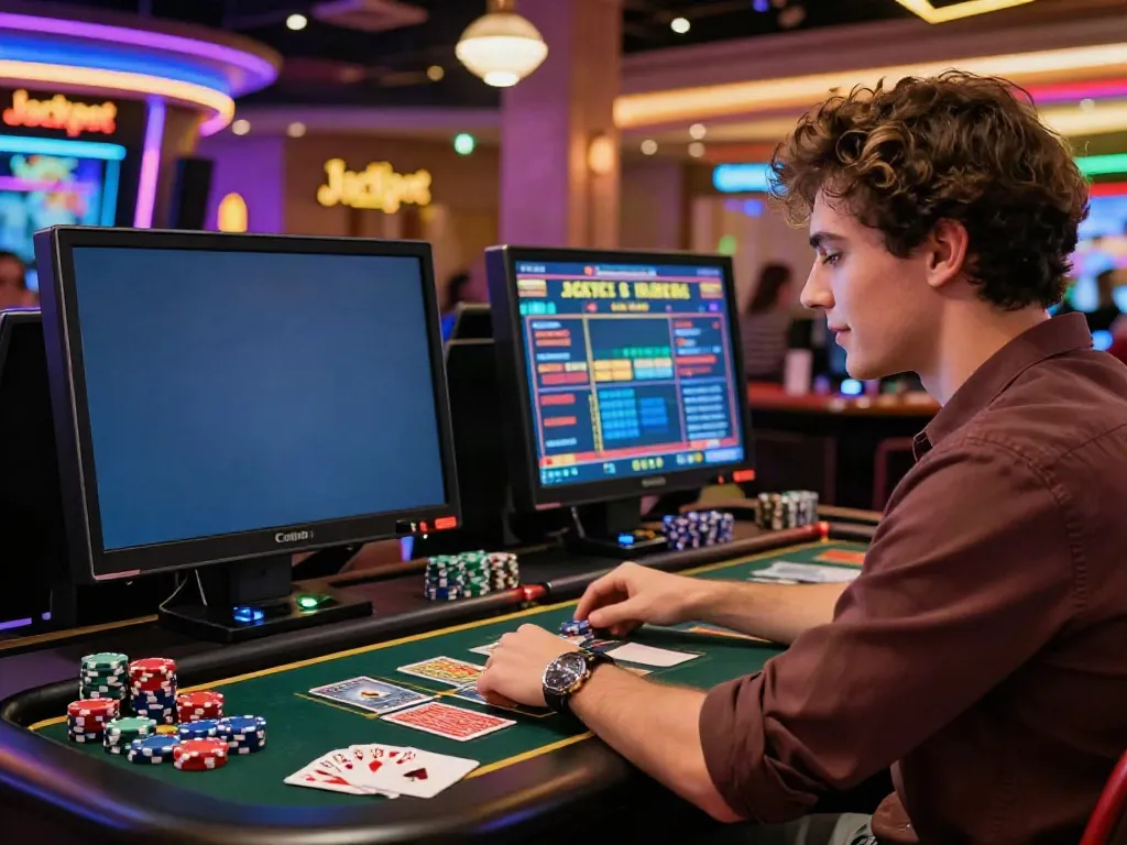 Engaged player exploring non Gamstop casinos at a stylish gaming desk