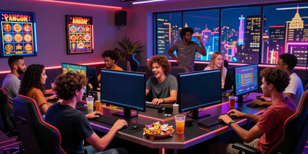 Diverse friends enjoying non GamStop casinos together in an engaging online gaming setting with colorful lighting and excitement.