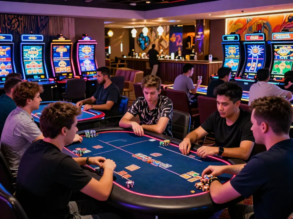 Exciting atmosphere at non GamStop casinos with vibrant gaming tables and engaged players.