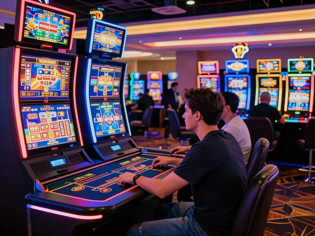 A lively gaming scene showcasing a player at a non GamStop casino with colorful slot machines and vibrant lights.