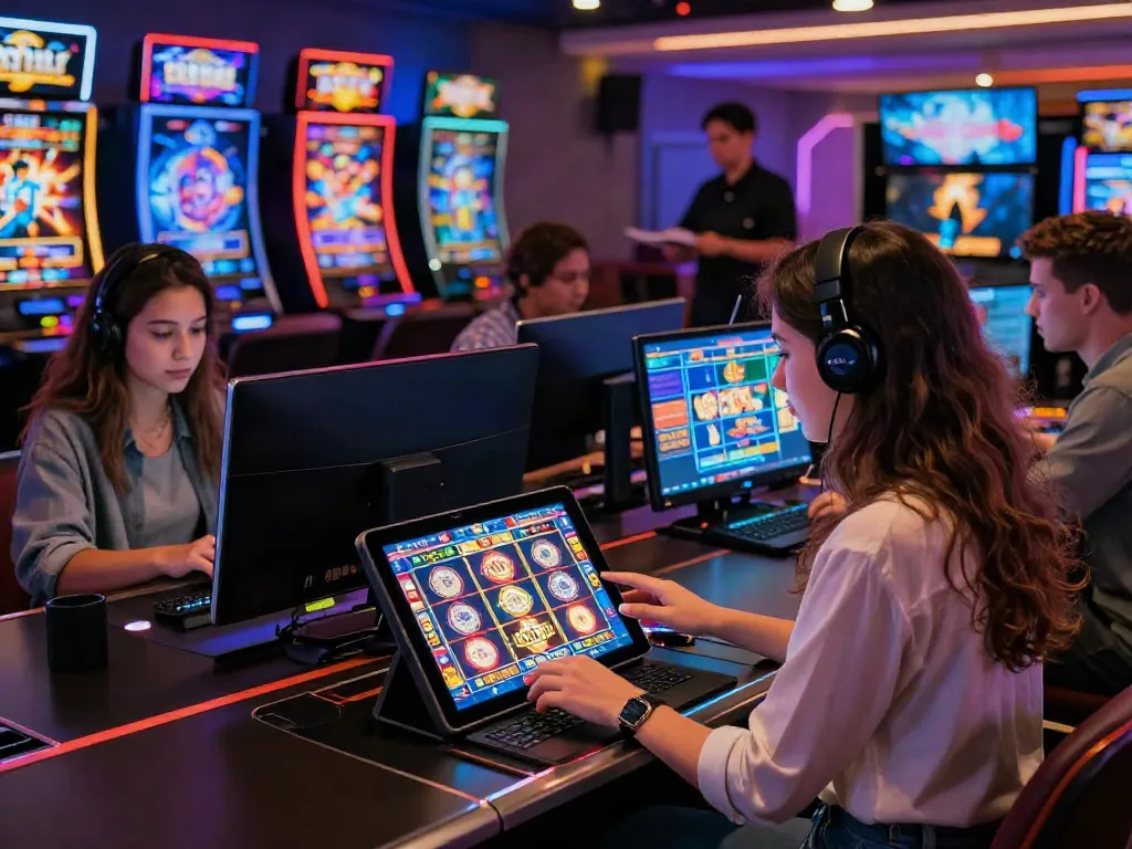 Exciting scene of players engaging with non GamStop casinos on multiple devices in a vibrant online gaming environment.