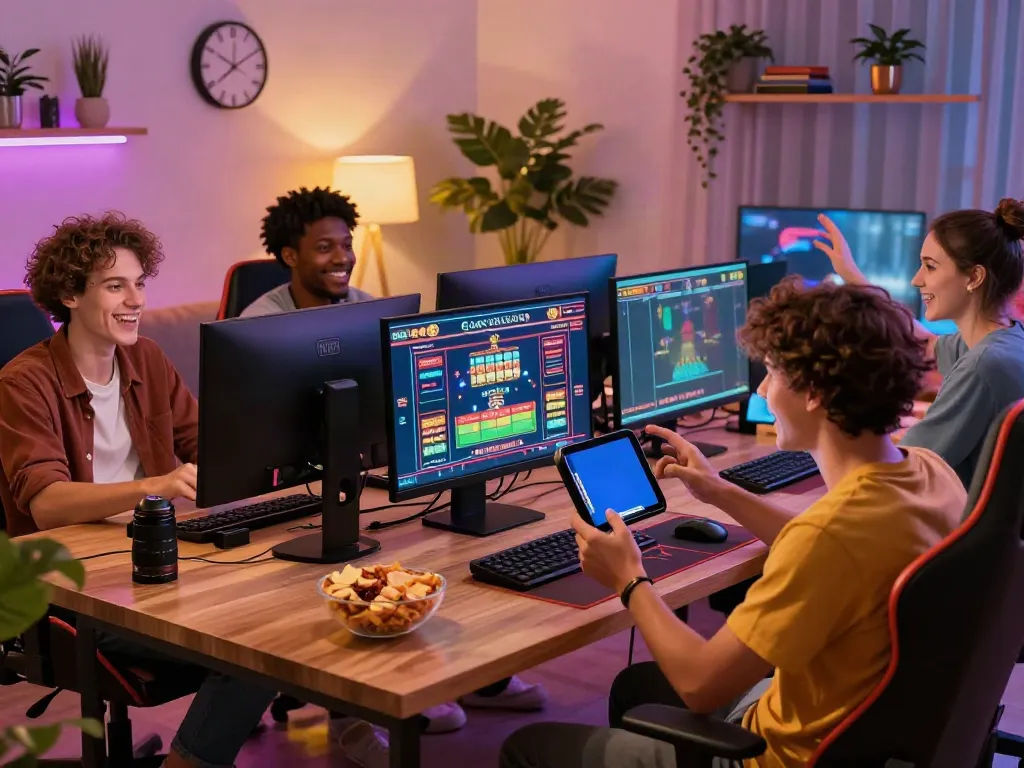 Friends enjoying a vibrant online gaming night at non GamStop casinos.