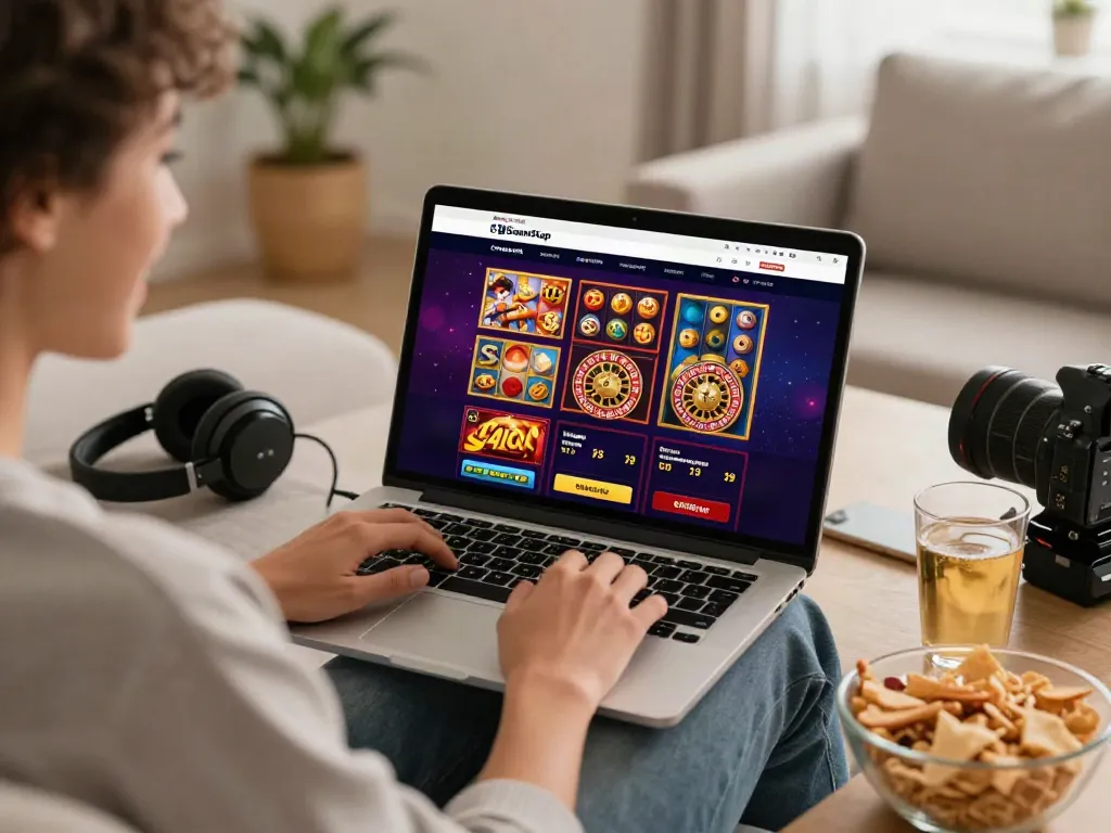 Engaging gaming scene with a user excited about non GamStop casinos on a laptop at home.