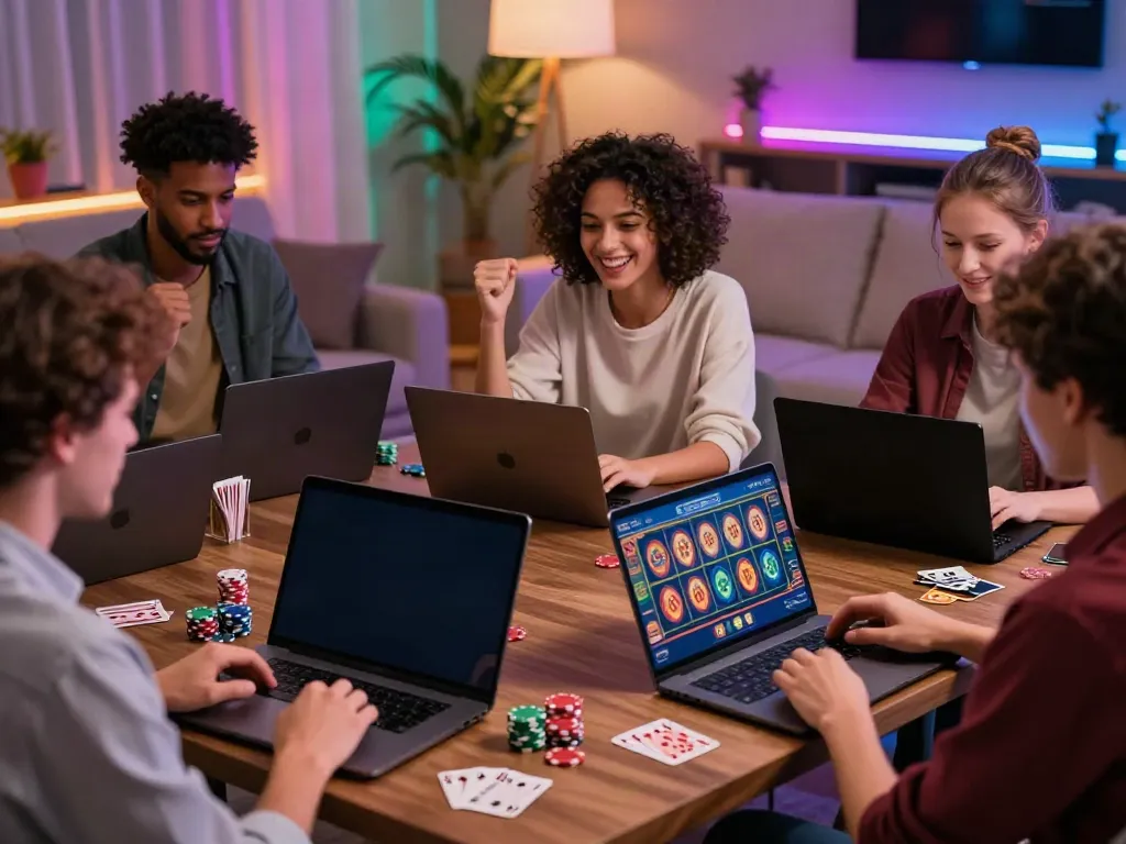 Players celebrating wins at non GamStop casinos in a cozy living room setting with vibrant lighting.