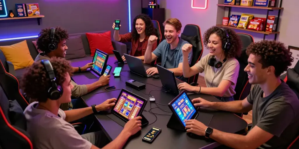 Diverse friends enjoying gaming sessions at non GamStop casinos, celebrating victories in a vibrant gaming room.