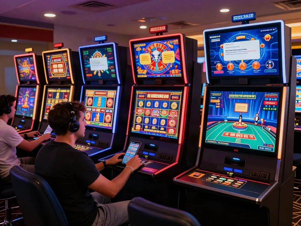 Online casino players enjoying non GamStop casinos in a vibrant gaming room.