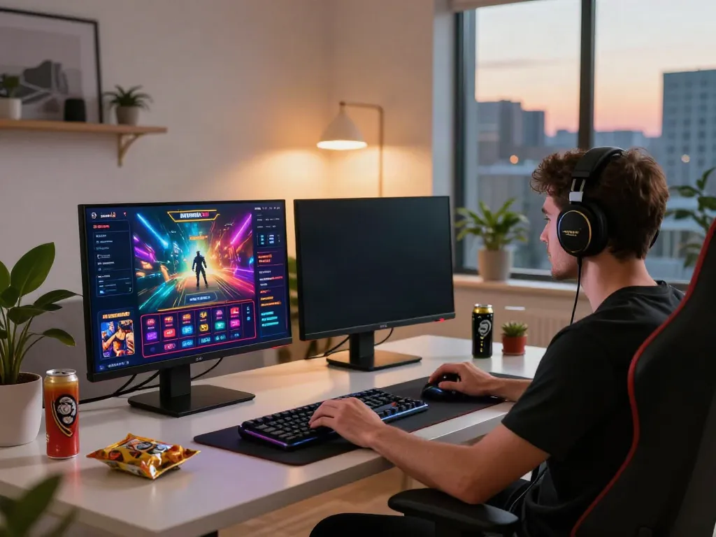 Engaged player exploring non GamStop casinos in a modern home office setup with dual monitors and vibrant game graphics.