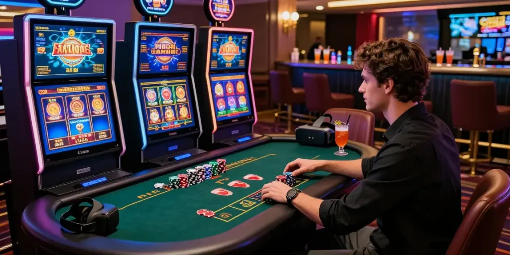 A player enjoying the thrill of non GamStop casinos in an atmospheric gaming room filled with monitors and vibrant LED lights.