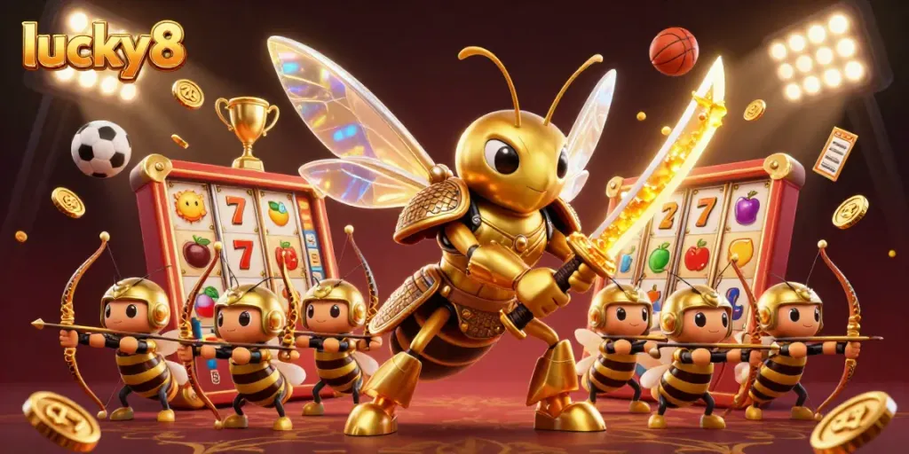 Engage with lucky8's thrilling jackpot experience featuring dynamic symbols, rewards lights, and vibrant casino elements.