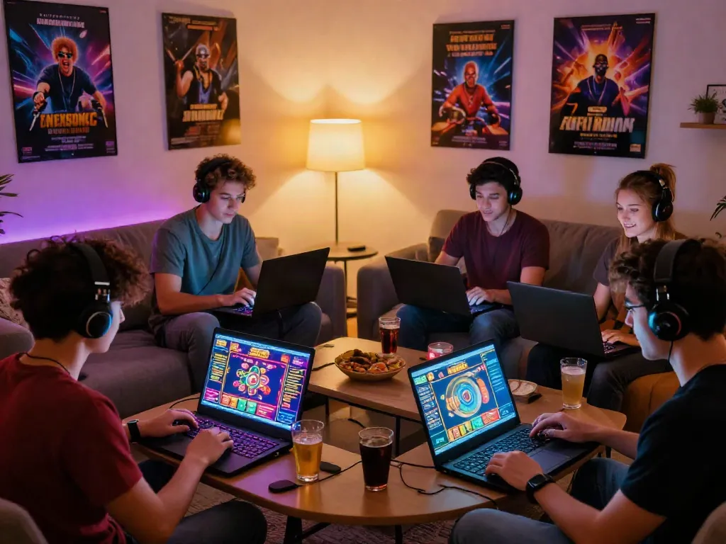 Group enjoying online games at home focused on non gamstop casinos.