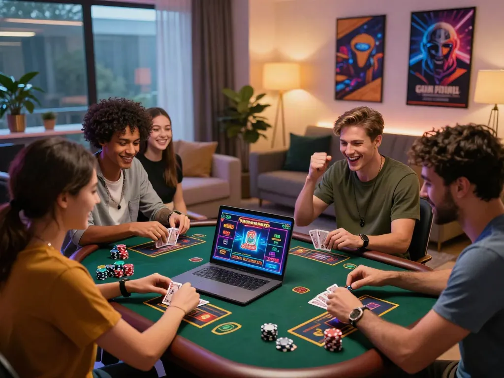 Friends enjoying games at non GamStop casinos in a vibrant setting.