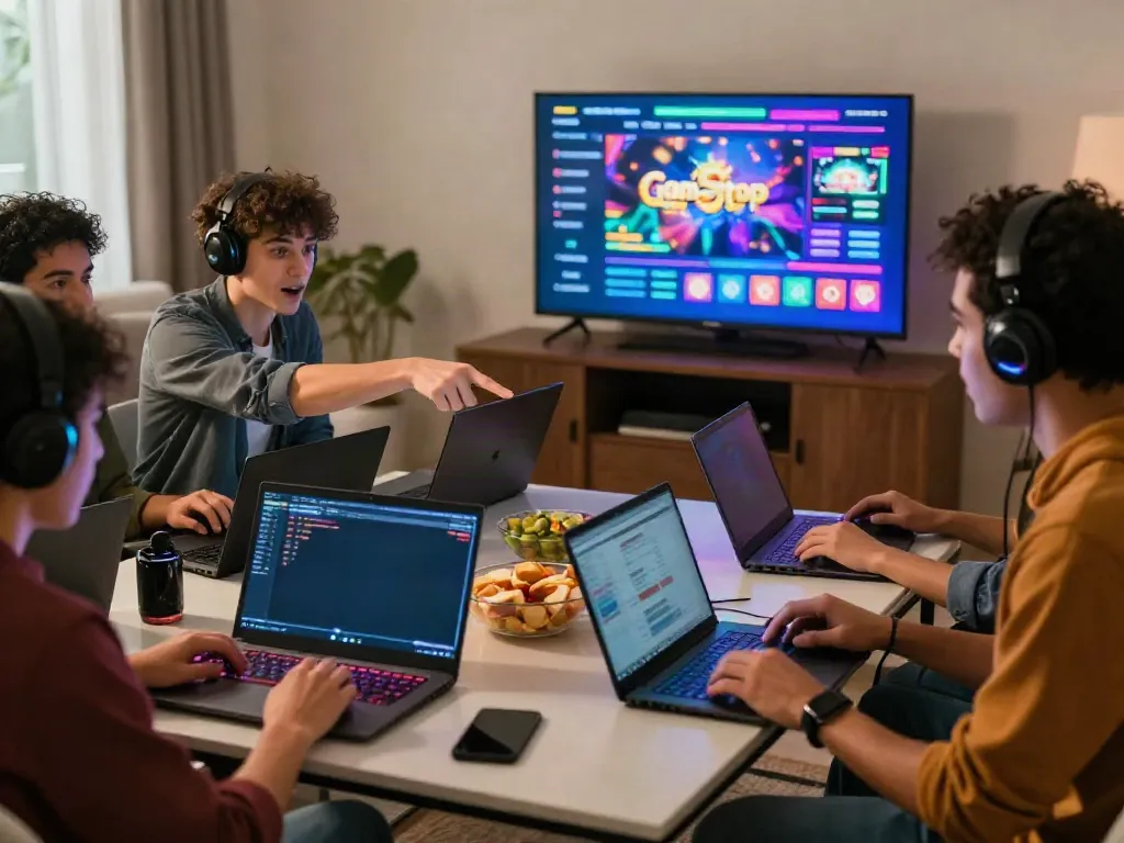 Exciting virtual gaming session showcasing friends engaged with non GamStop casinos in a vibrant atmosphere.