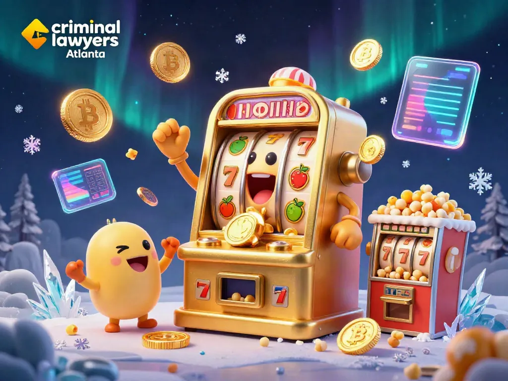 Engaging scene depicting a golden slot machine celebrating a jackpot, joined by cheering baby slot machines, featuring vibrant casino elements for criminal lawyers Atlanta.