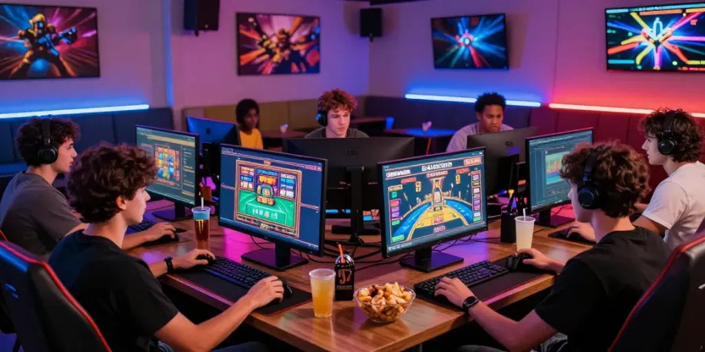 Friends enjoying gaming at a non GamStop casino environment, showcasing excitement and camaraderie.