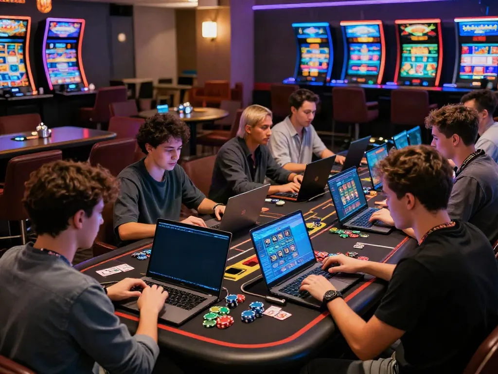 Players enjoying their experience in non gamstop casinos with modern gaming setups in a vibrant casino lounge.