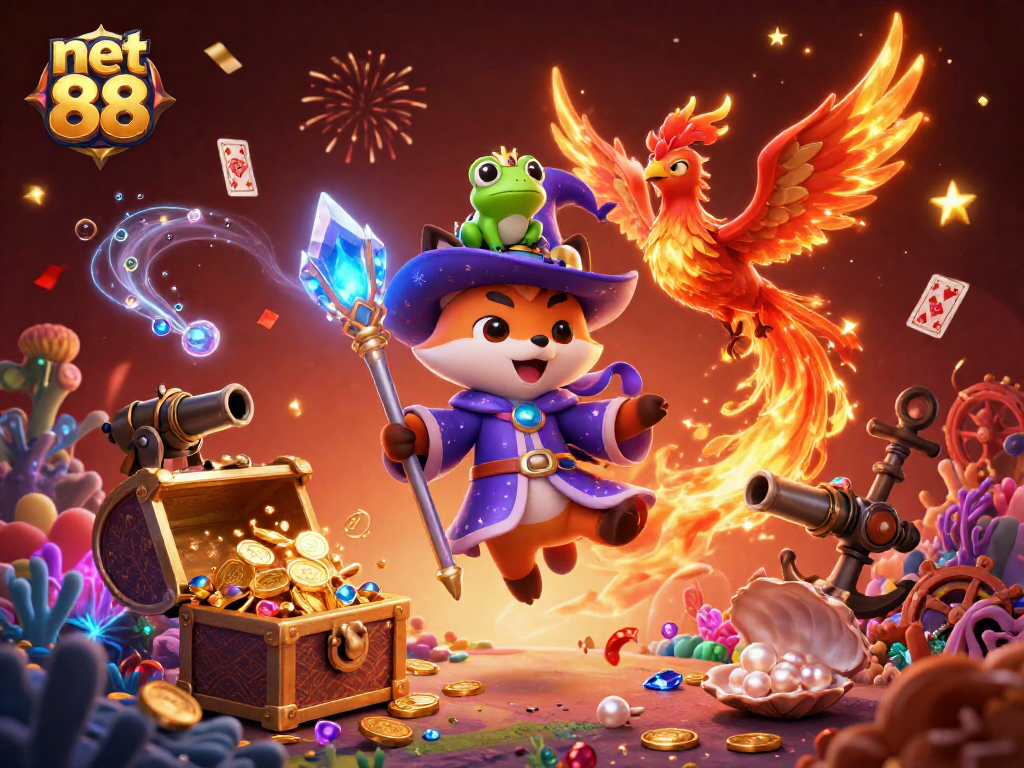 Win big with net 88: Explore treasure-filled underwater realms in this lively casino illustration.