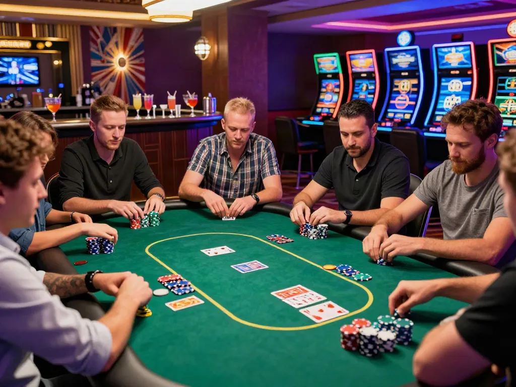 Exciting gaming experience at non GamStop casinos with players at a poker table, vibrant atmosphere.
