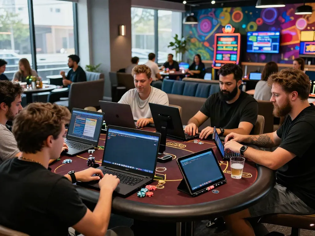 Excited players enjoying non GamStop casinos in a stylish lounge with gaming devices.