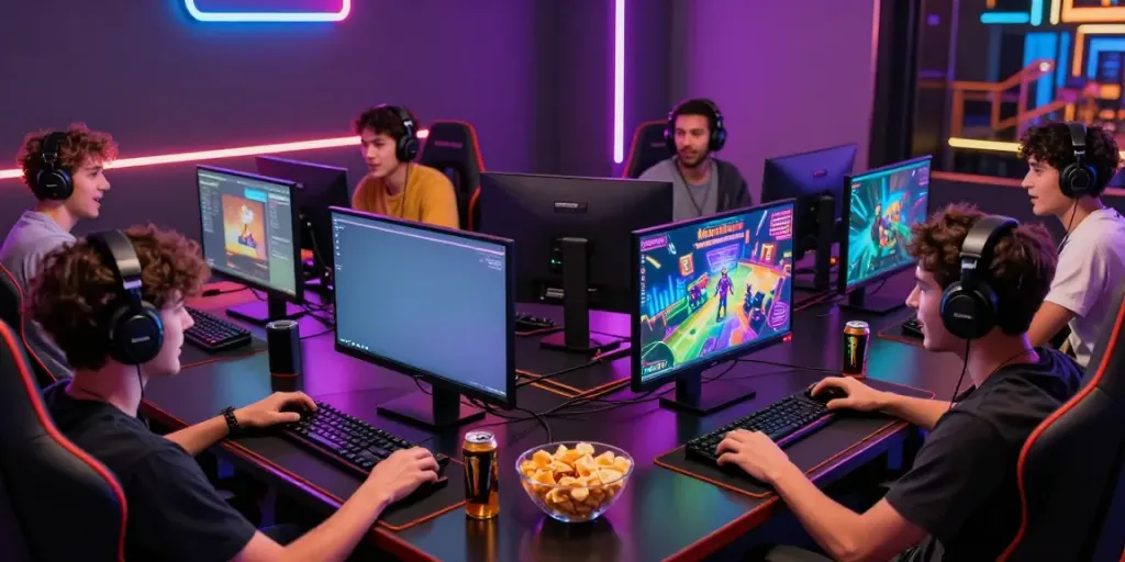 Friends enjoying online games at non GamStop casinos with vibrant screens and energy drinks.