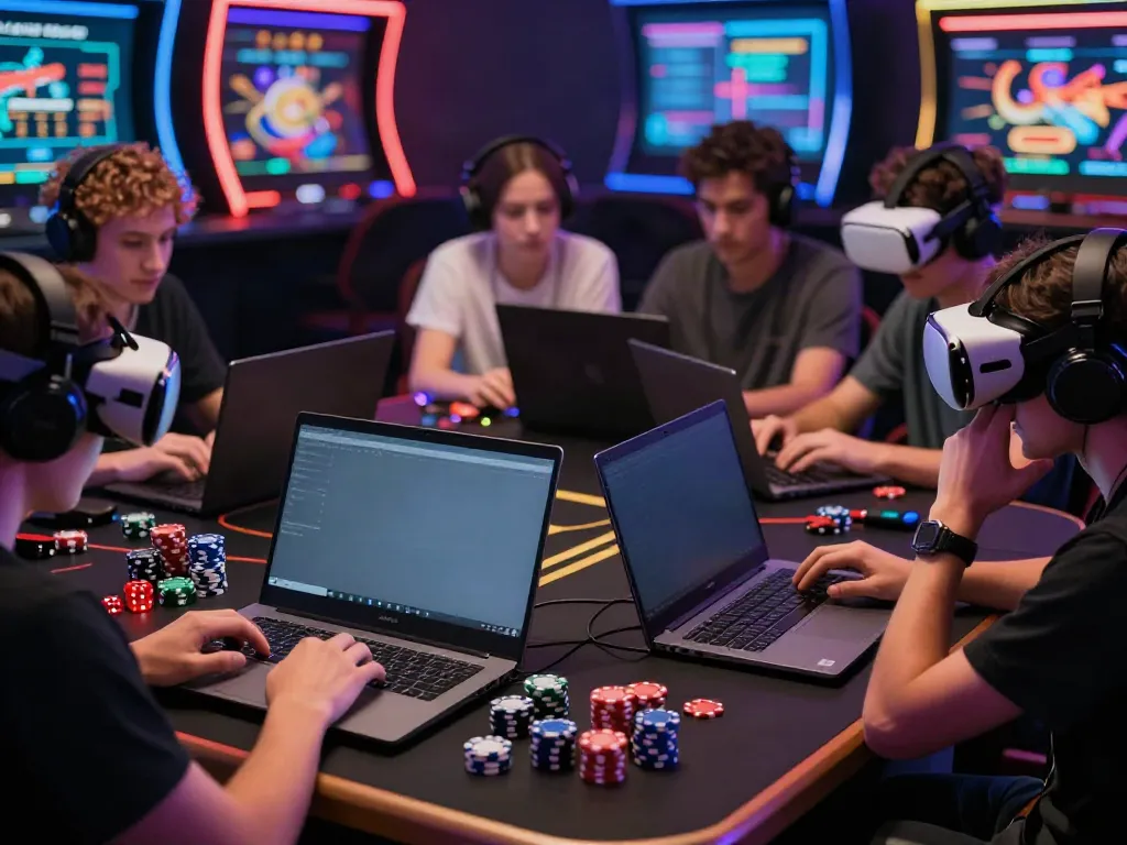 Players enjoying games at non gamstop casinos, surrounded by gaming accessories and neon lighting.