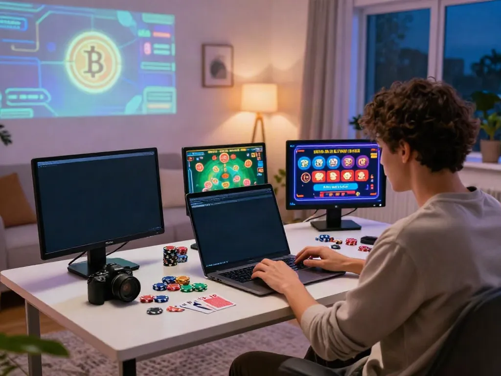 Online gaming experience at non GamStop casinos with vibrant decor and multiple screens.