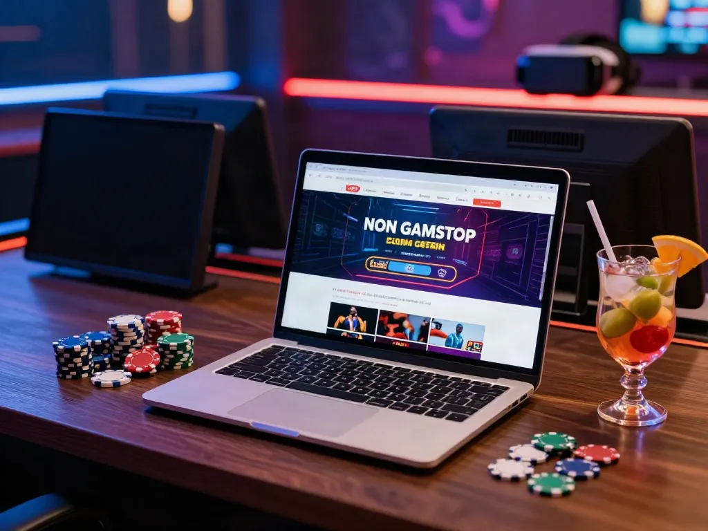 Engaging scene of a non GamStop casinos gaming setup with laptop, chips, and cocktail.