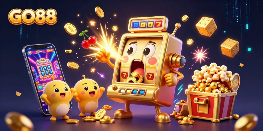 GO88 reveals an exciting jackpot celebration with golden coins pouring from a cheerful slot machine, enhancing the gaming experience.