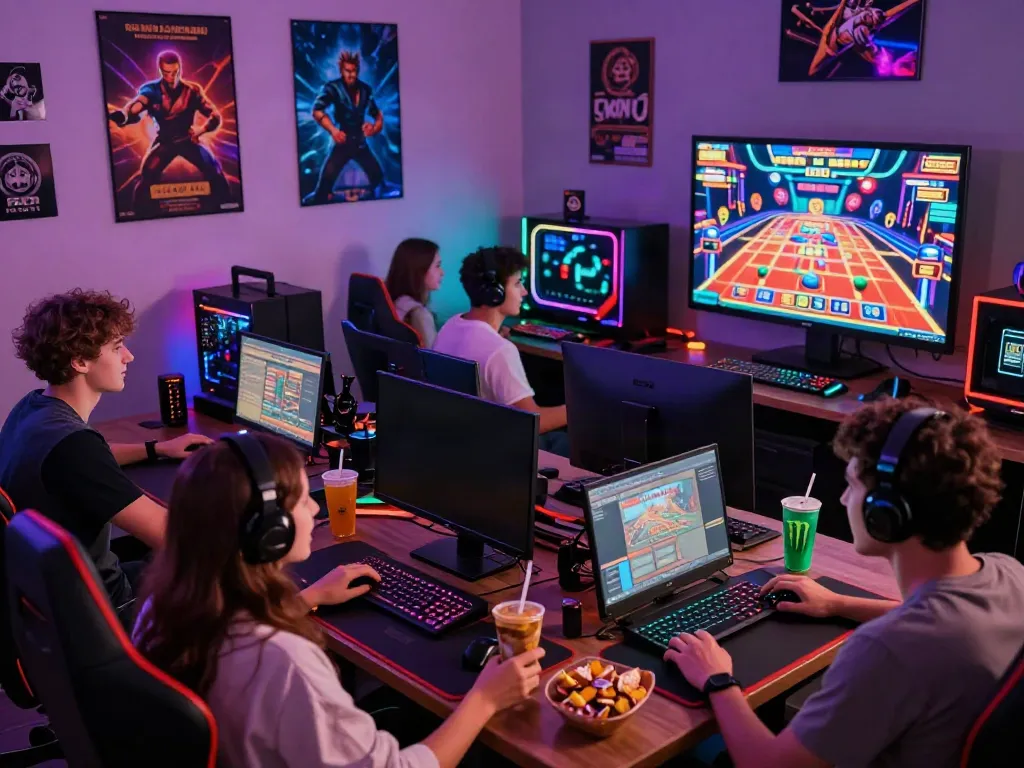 Diverse friends enjoying gaming at non gamstop casinos with vibrant lighting and gaming gear.