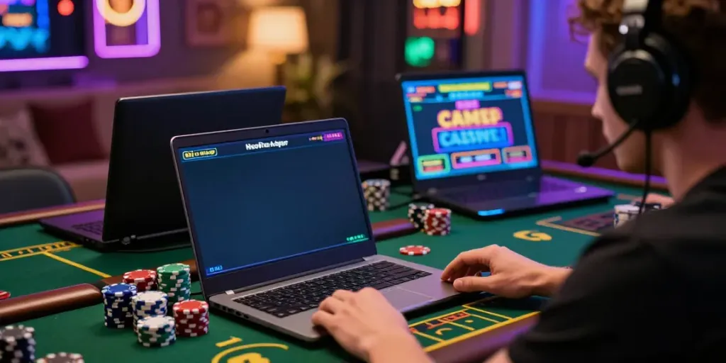 Exciting gaming experience at non GamStop casinos with a player engaged at a laptop amidst colorful graphics and casino chips.