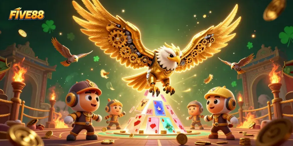FIVE88 players dive into thrilling strategies with golden eagle amidst cascading cards in a vibrant casino environment.