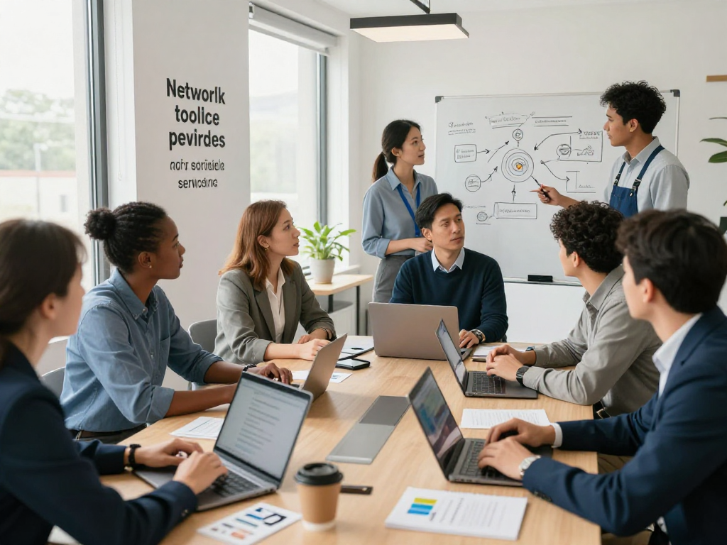 Networking scene among diverse companies in a bright office, showcasing collaboration and professional growth.