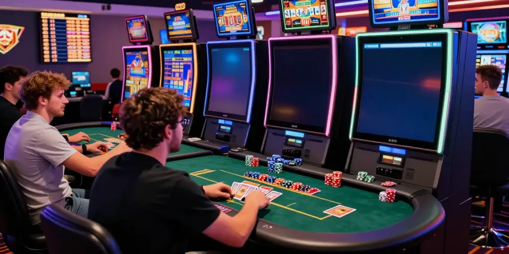 Players enjoying games at non GamStop casinos, vibrant casino atmosphere.