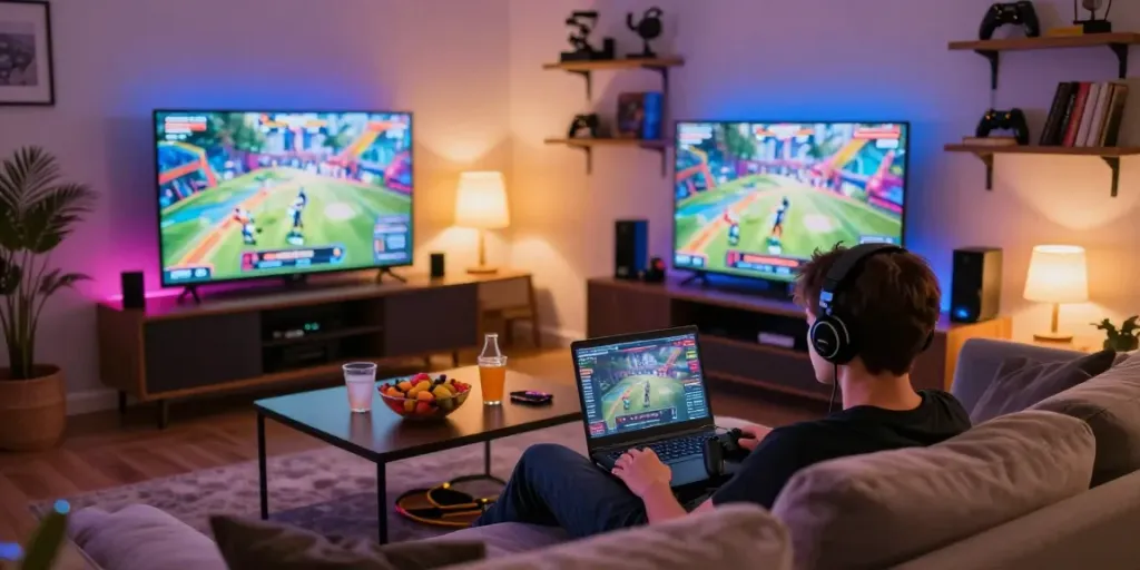 Person enjoying non GamStop casinos from a cozy living room with snacks.