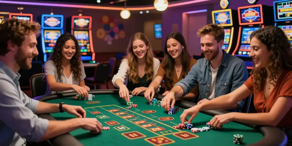 Diverse group enjoying games at a lively non GamStop casino, capturing excitement and camaraderie.