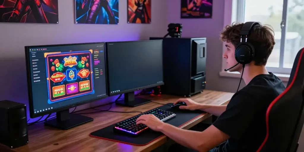 Engaged gamer exploring non GamStop casinos through multiple monitors in a vibrant gaming room.