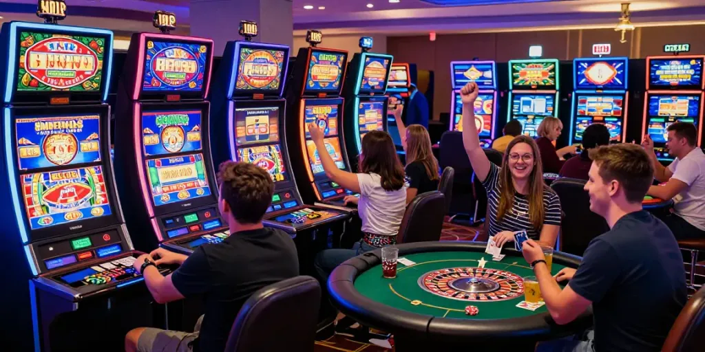 Players enjoying games at vibrant non GamStop casinos with lively atmosphere.