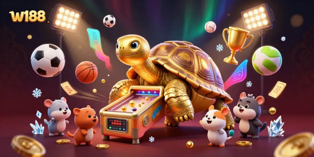 Engage with w188's captivating casino games featuring a colossal tortoise and dynamic sports elements.