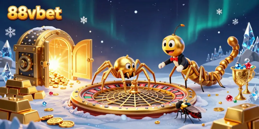 Engage in thrilling betting action on the 88vbet roulette wheel, spun by a centipede croupier in a vibrant casino scene.