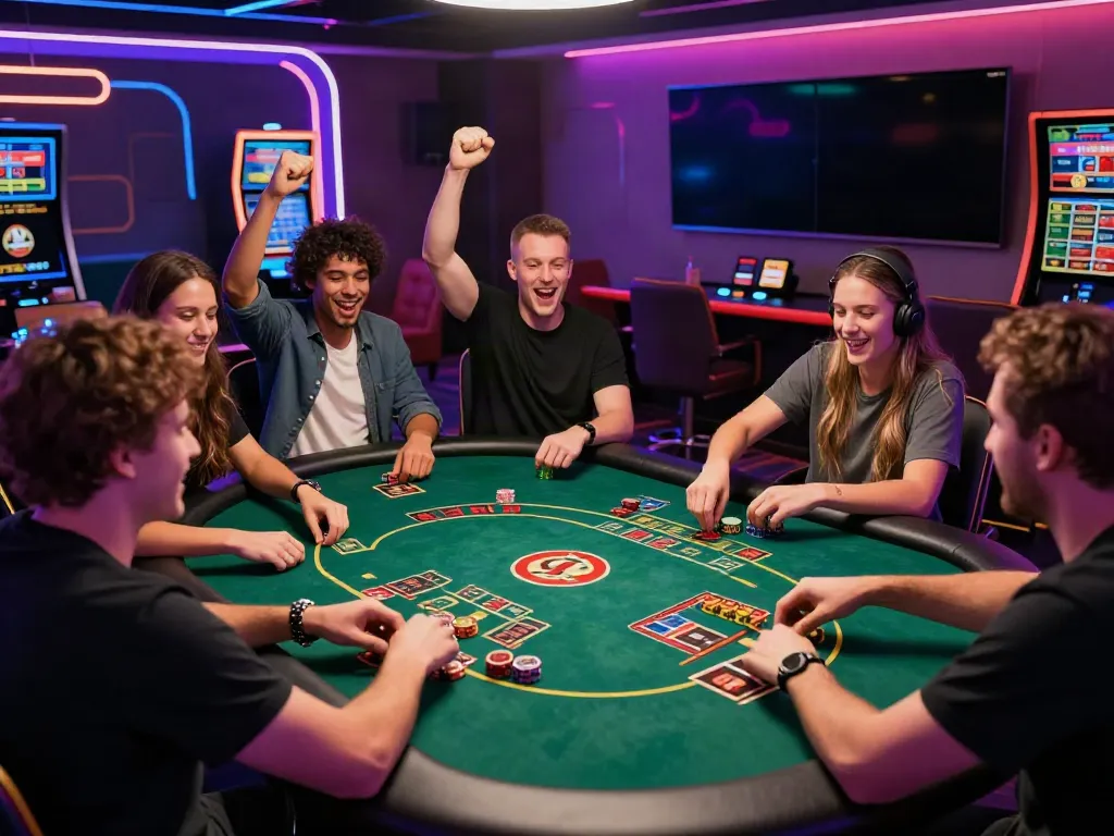Exciting scene of players celebrating wins at non GamStop casinos, showcasing diverse casino games and vibrant atmosphere.