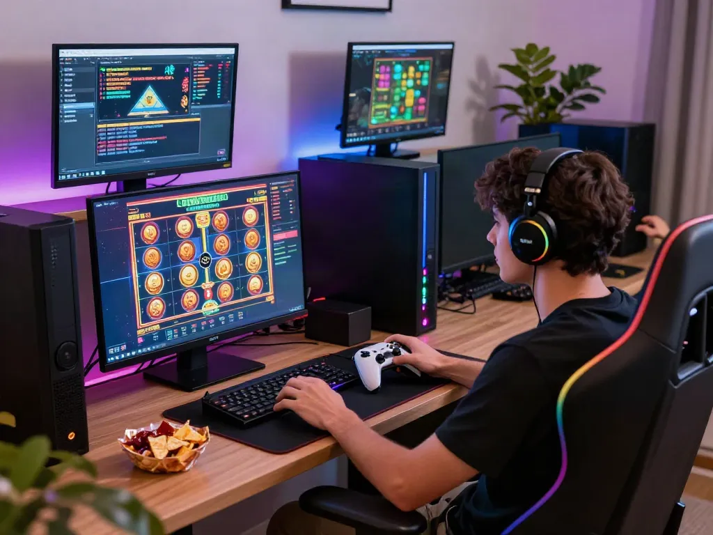 Engaged player enjoying non gamstop casinos at a high-tech home gaming setup.